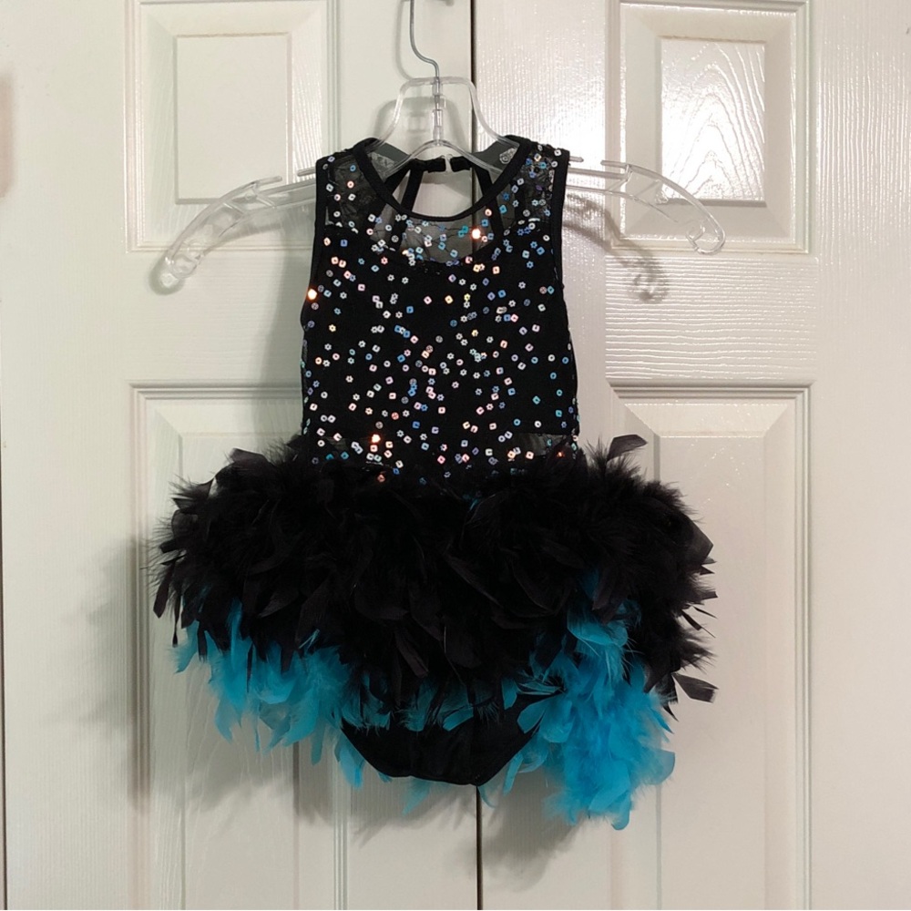 Weissman Size SC (Small) Girls Leotard Black/Teal Feathered Sequin Dance Costume